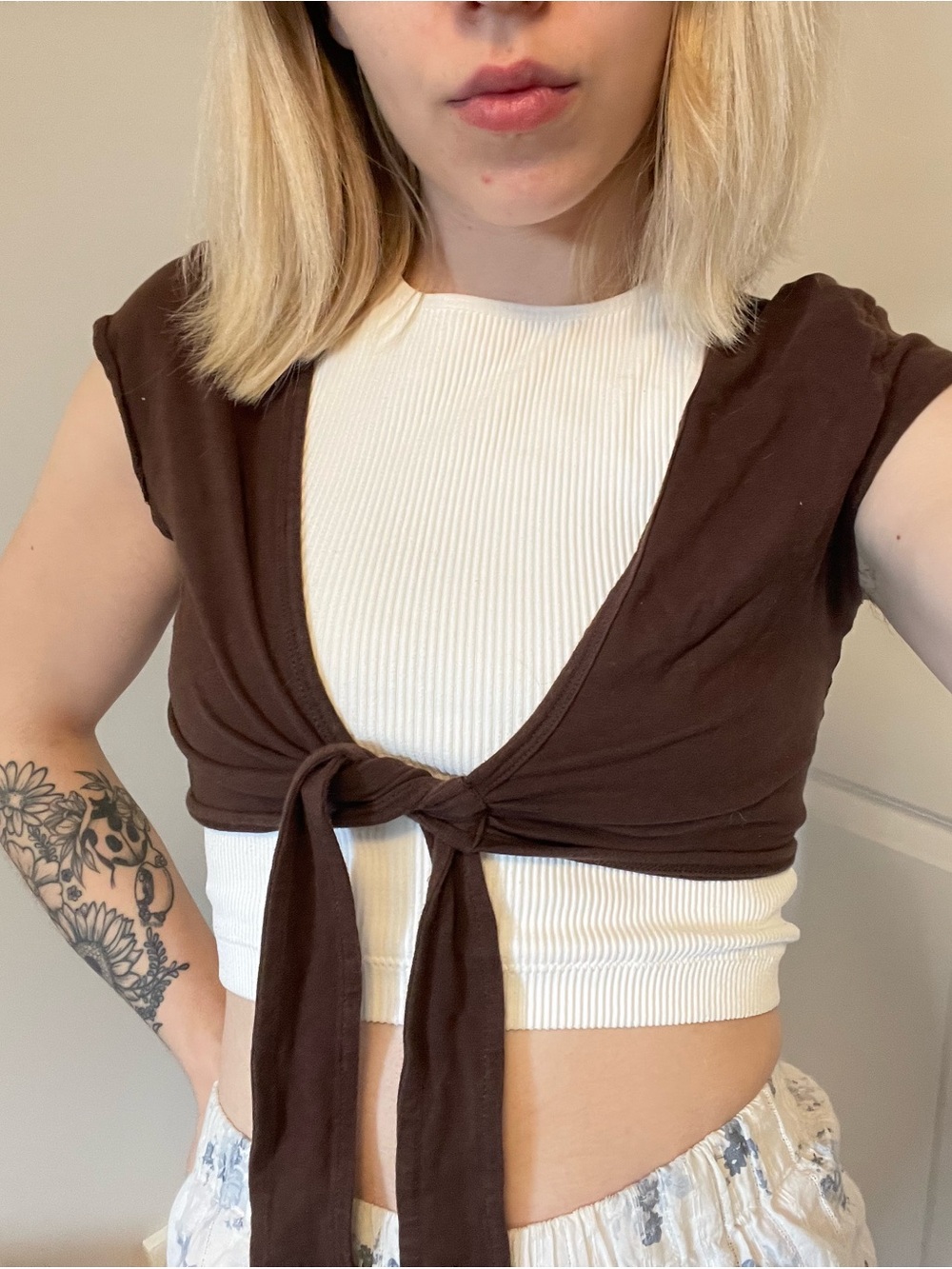 Y2K Brown Front-Tie Bolero Top